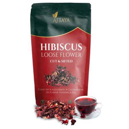 Attaya Hibiscus Loose Flower Tea is made from 100% natural cut and sifted hibiscus petals, offering a tangy and refreshing flavor. This caffeine-free tea. Ideal for those seeking a simple yet powerful natural beverage.